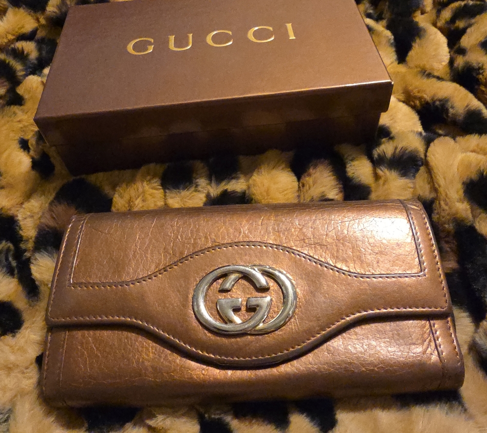 Gucci Metallic Brown Leather Continental Wallet with Double G